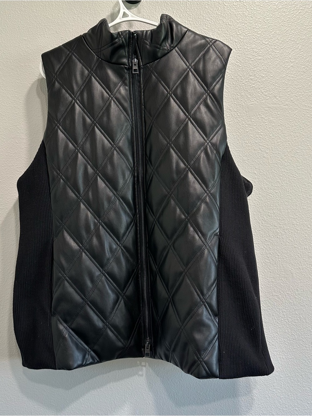 Chico’s,size 2,large Quilted Faux Leather Black Vest with ribbed side panels